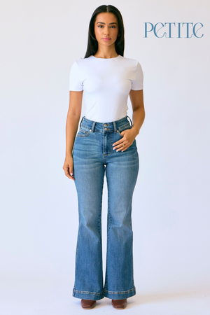 Judy Blue High Waist Tummy Control Petite Flare Double Button Waist Band Jeans