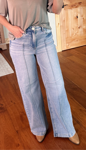 Risen High Waist Wide Leg Pin Tuck Detail Jeans