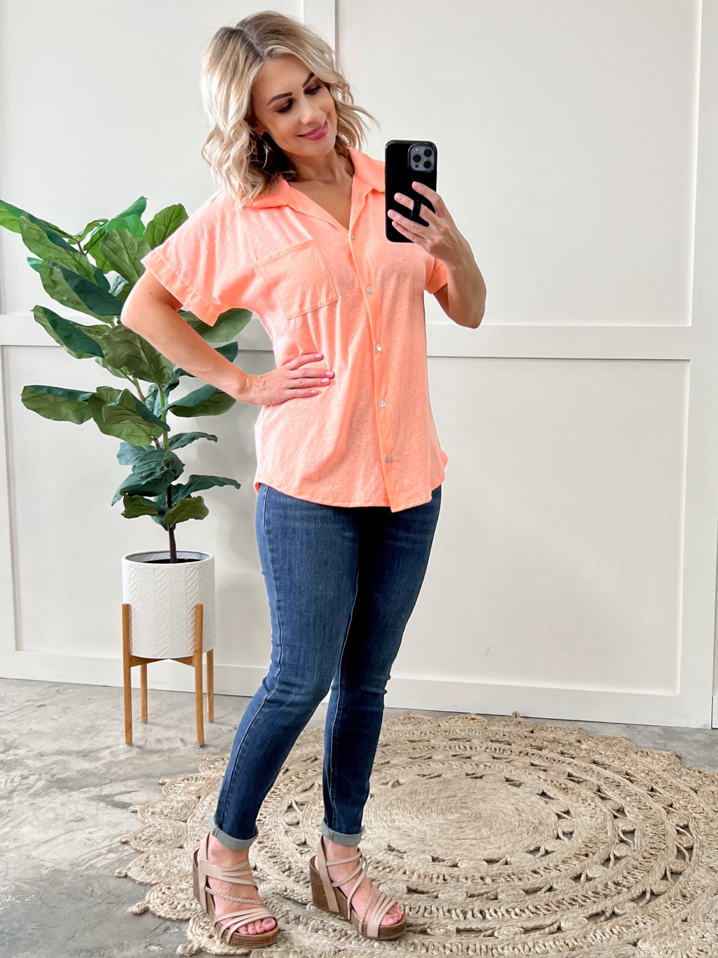 Soft Button Down Top In Neon Coral