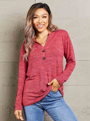 Buttoned Notch Neck Long Sleeve Top - 6 colors