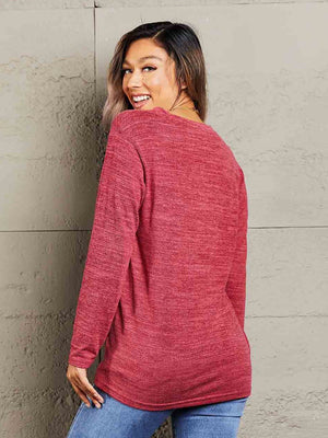 Buttoned Notch Neck Long Sleeve Top - 6 colors