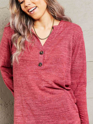 Buttoned Notch Neck Long Sleeve Top - 6 colors