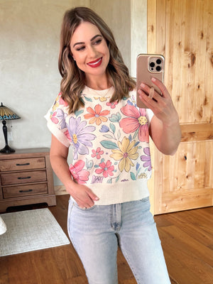 Floral Watercolor Short Sleeve Sweater