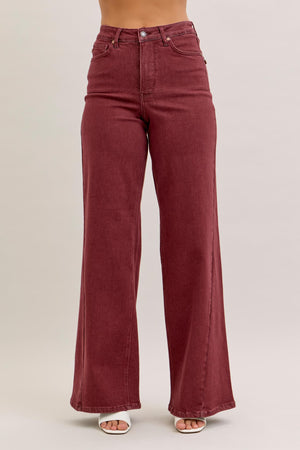 Judy Blue High Waist Retro Wide Leg with Twisted Seams Burgundy