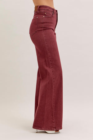 Judy Blue High Waist Retro Wide Leg with Twisted Seams Burgundy