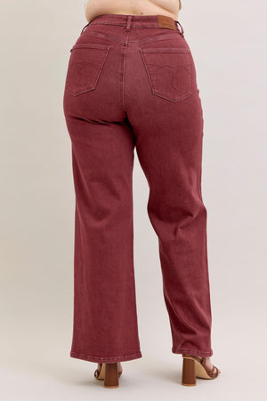 Judy Blue High Waist Retro Wide Leg with Twisted Seams Burgundy