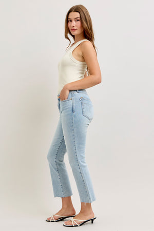 Judy Blue Mid Rise Kick Flare Raw Hem Cropped Jeans