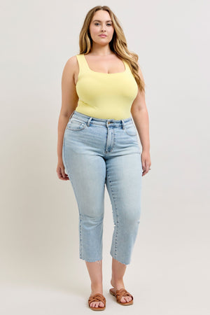 Judy Blue Mid Rise Kick Flare Raw Hem Cropped Jeans