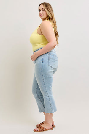 Judy Blue Mid Rise Kick Flare Raw Hem Cropped Jeans