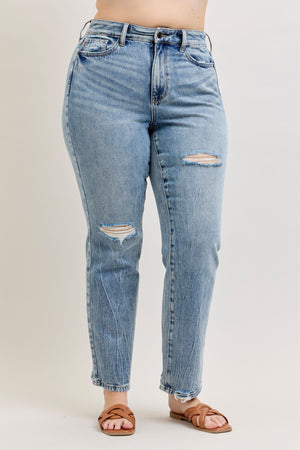 Judy Blue High Waist Rigid Magic Distressed Slim Straight Leg Jeans