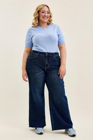 Judy Blue High Waist PETITE Retro Wide Leg with Adjustable Tab Waistband & Raw Hem Jeans