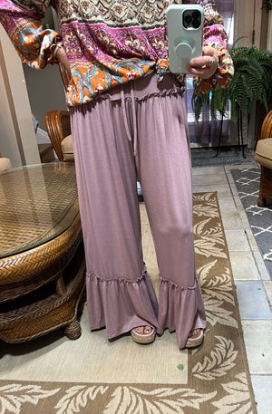 Wide Leg Ruffle Trim Pants in Dusty Purple