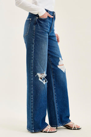 Judy Blue High Waist Rigid Magic Column Adjustable Waistband Tabs Straight Leg Destructed Jeans