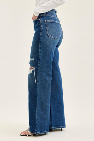 Judy Blue High Waist Rigid Magic Column Adjustable Waistband Tabs Straight Leg Destructed Jeans