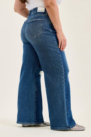 Judy Blue High Waist Rigid Magic Column Adjustable Waistband Tabs Straight Leg Destructed Jeans