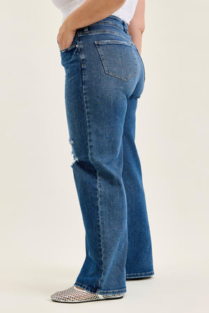 Judy Blue High Waist Rigid Magic Column Adjustable Waistband Tabs Straight Leg Destructed Jeans