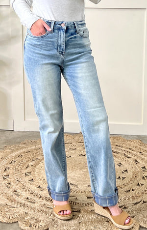 Judy Blue Hi Rise Vintage Plaid Cuffed Straight Leg Jeans