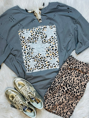 Leopard Stars Distressed Graphic Tee