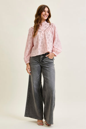 Judy Blue Mid Rise Palazzo Split Back Yoke Washed Grey Jeans