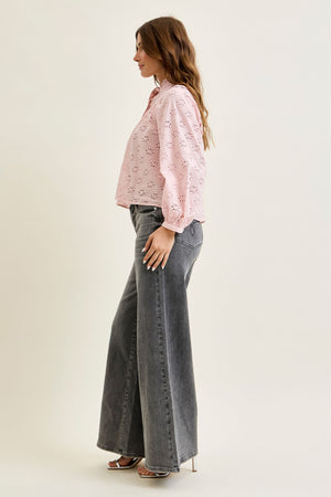Judy Blue Mid Rise Palazzo Split Back Yoke Washed Grey Jeans