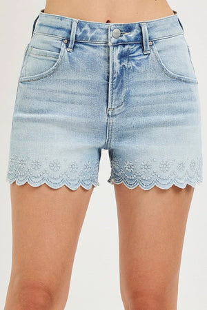 Risen High Waist Scallop Hem Embroidered Jean Shorts