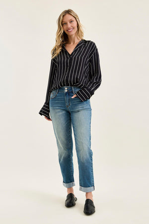 Judy Blue Mid Rise Cool Denim with Cross Back Belt Loop Boyfriend Jeans