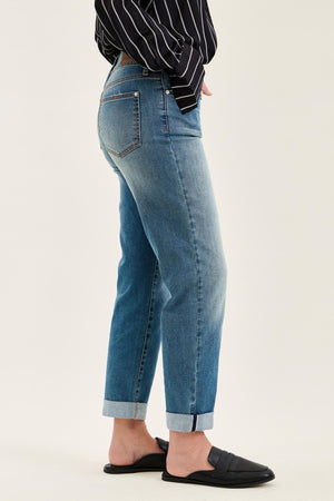 Judy Blue Mid Rise Cool Denim with Cross Back Belt Loop Boyfriend Jeans