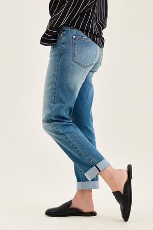 Judy Blue Mid Rise Cool Denim with Cross Back Belt Loop Boyfriend Jeans