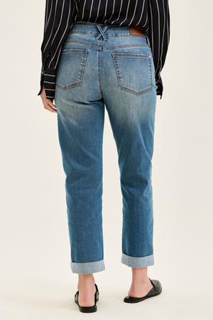 Judy Blue Mid Rise Cool Denim with Cross Back Belt Loop Boyfriend Jeans