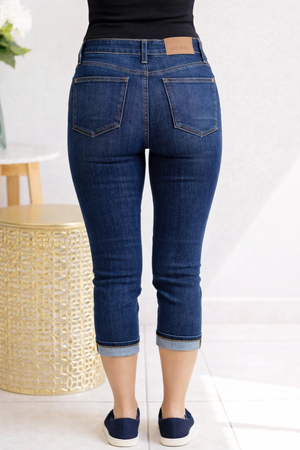 Judy Blue High Waist Dark Denim Capri with Cuff Jeans