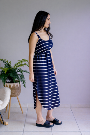 Reagan Ribbed Stripe Dress Navy by Michelle Mae