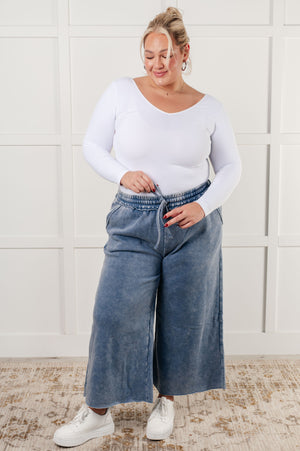 Zenana Wide Leg Mineral Wash Cropped Pants in Dusty Blue