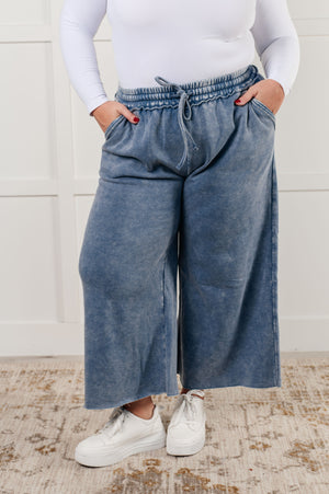 Zenana Wide Leg Mineral Wash Cropped Pants in Dusty Blue