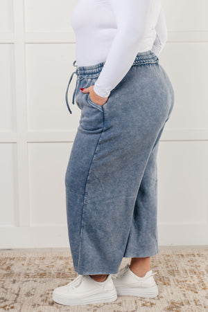 Zenana Wide Leg Mineral Wash Cropped Pants in Dusty Blue