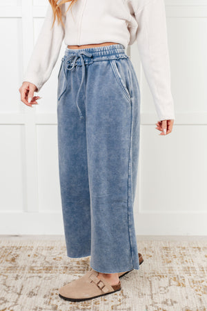 Zenana Wide Leg Mineral Wash Cropped Pants in Dusty Blue