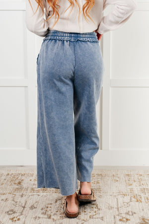 Zenana Wide Leg Mineral Wash Cropped Pants in Dusty Blue