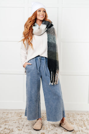 Zenana Wide Leg Mineral Wash Cropped Pants in Dusty Blue