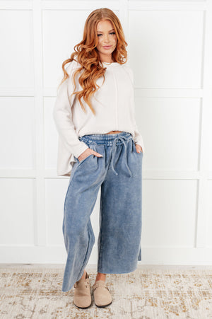 Zenana Wide Leg Mineral Wash Cropped Pants in Dusty Blue