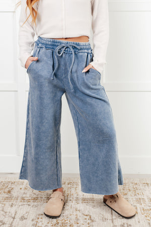 Zenana Wide Leg Mineral Wash Cropped Pants in Dusty Blue