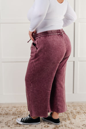 Zenana Wide Leg Mineral Wash Cropped Pants in Eggplant