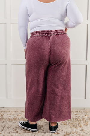 Zenana Wide Leg Mineral Wash Cropped Pants in Eggplant