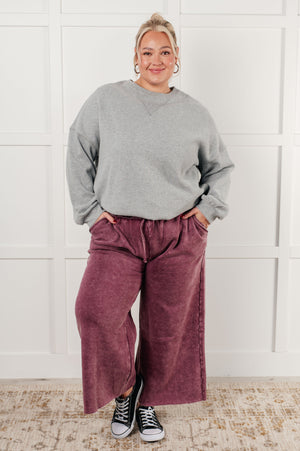 Zenana Wide Leg Mineral Wash Cropped Pants in Eggplant