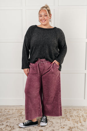 Zenana Wide Leg Mineral Wash Cropped Pants in Eggplant