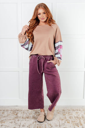 Zenana Wide Leg Mineral Wash Cropped Pants in Eggplant