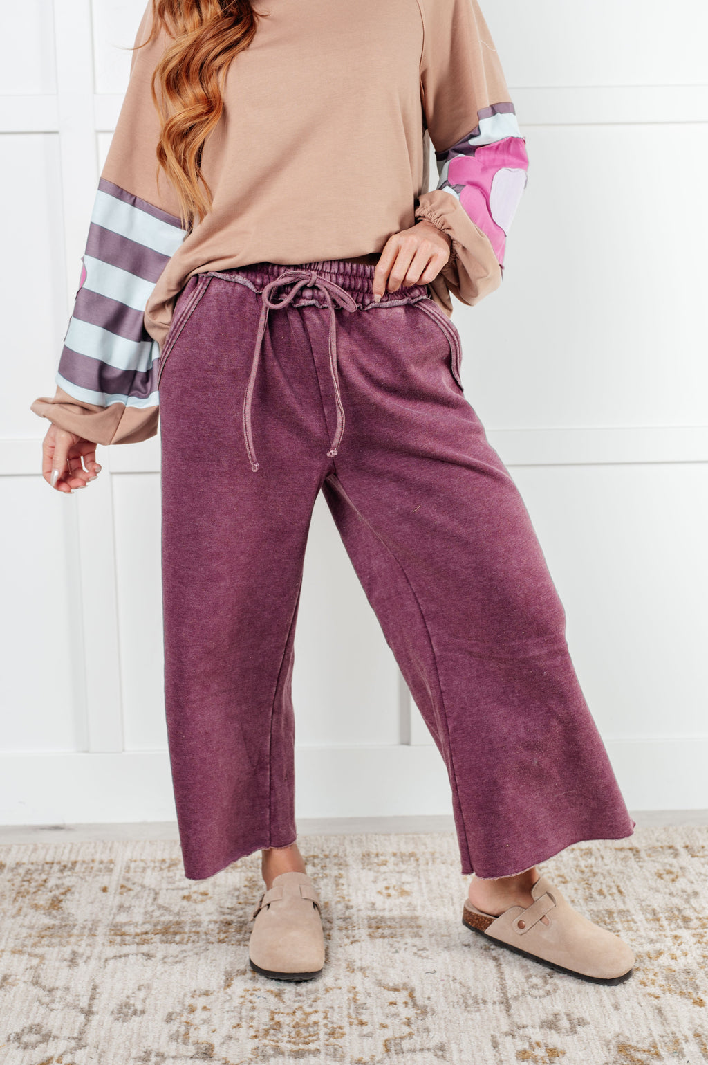 Zenana Wide Leg Mineral Wash Cropped Pants in Eggplant