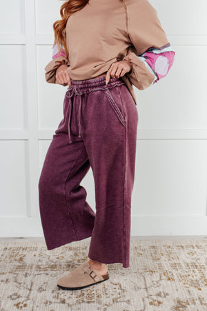 Zenana Wide Leg Mineral Wash Cropped Pants in Eggplant