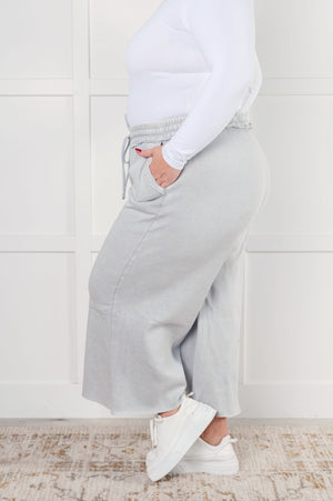 Zenana Wide Leg Mineral Wash Cropped Pants in Light Grey