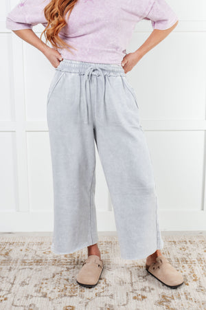 Zenana Wide Leg Mineral Wash Cropped Pants in Light Grey