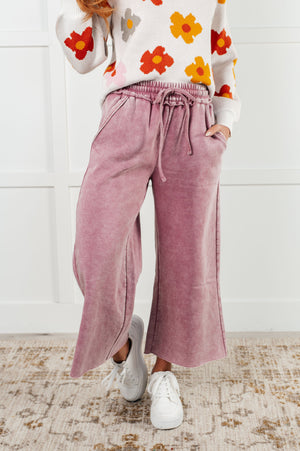 Zenana Wide Leg Mineral Wash Cropped Pants in Light Rose