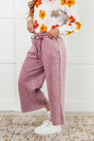 Zenana Wide Leg Mineral Wash Cropped Pants in Light Rose